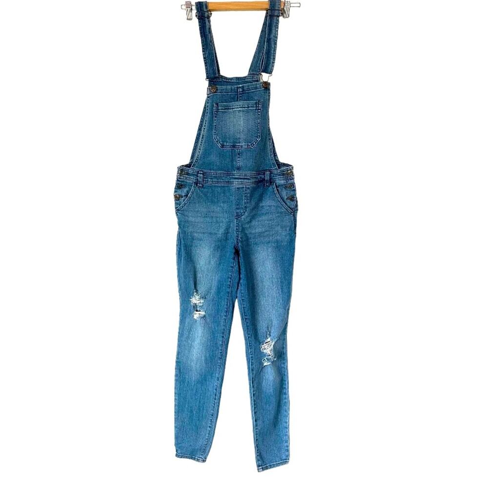 Vanilla Star Blue Wash Denim Distressed Frayed Overall Jeans Y2K Medium - Picture 2 of 12
